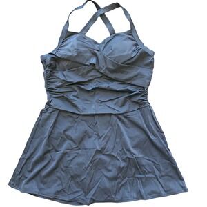 A570466 Denim & Co. Beach Petite Twist Front Swim Dress Black Petite 12